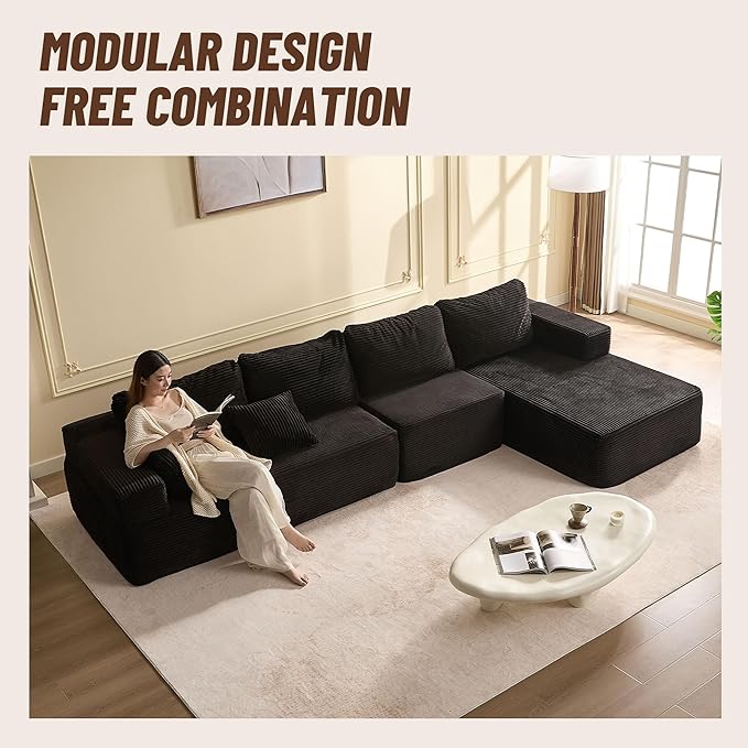 138" Boneless Couch with Deep Seat, Modular Sectional Sofa, Cloud Sectional Couch for Living Room, No Assembly Required, Corduroy, 4 Seater L-Shape Right, Black