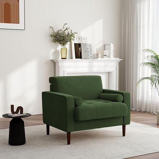 UIXE Accent Chair, Corduroy Fabric Upholstered Armchair for Living Room, Comfy Arm Chair Single Sofa Bedroom Reading Seat with Solid Wood Legs - Green