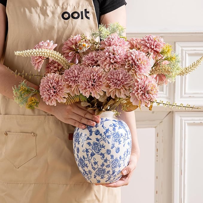 Ceramic Flower Vase, Blue and White Vintage Decorative Vase Chinoiserie Decor Rustic Farmhouse Retro Floral Vases for Table Bookshelf Mantel Kitchen Living Room Office - 7.8inch