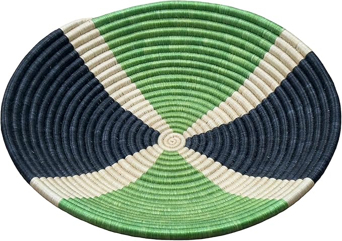 Handwoven African Basket Handmade sisal Fruit Bowl Wall Hanging decorative Baskets for Home Living Room Kitchen Centerpiece Zen Designs Arts and Crafts (Light Green Black Cream, 10in diameter)