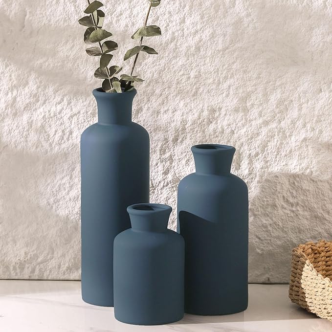 Ceramic Vase Set of 3, Neutral Modern Vases Home Decor Boho Vase Farmhouse Decor Flowers Pampas Vases for Table Mantel Entryway Shelf Living Room Kitchen Bathroom - Navy Blue