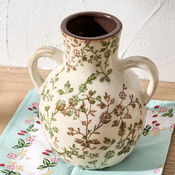SIDUCAL Ceramic Green and Beige Retro Vase with Handles, 7 Inch Ice Cracked Vintage Pastoral Vase, Rustic Farmhouse Vases for Home Decor, Table, Living Room, Shelf Decor, Chinoiserie Decor