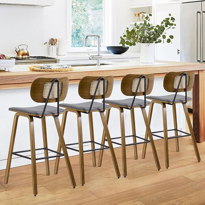 Counter Height Bar Stools Set of 4, Mid Century Modern Counter Stools, 26" Wood Kitchen Stool PU Leather Upholstered Barstools with Rattan Back, Counter Height Island Dining Bar Chair, Grey