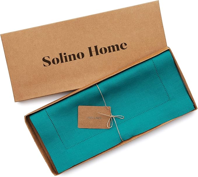 Solino Home Linen Teal Table Runner 108 Inches Long - 100% Pure Linen Hemstitch 14 x 108 Inch Table Runner for Dining, Fall, Autumn, Thanksgiving, Christmas - Classic Hemstitch