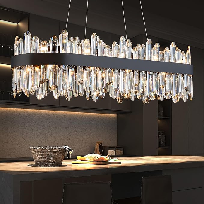Modern Rectangular Crystal Chandelier, 20-Lights Black Raindrop Chandelier Lighting Contemporary Pendant Ceiling Light Fixture for Dining Room Living Room Kitchen Island L35.4''