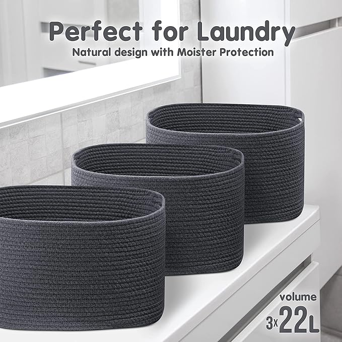CHAT BLANC Cotton Rope Baskets for Organizing | Storage Baskets for Shelves | Rope Basket for Storage, Small Laundry Woven Baskets for Dog Toy Bin, Baby items, Graphite 3 Pack