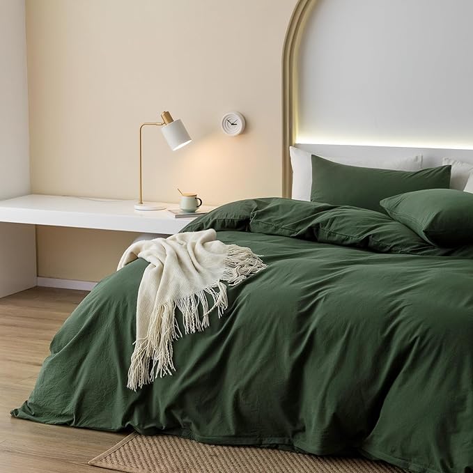 JIYUAN 100% Washed Cotton Duvet Cover Set 3 Pieces King, 1 Duvet Cover 104x90 Inches(Comforter Not Included) and 2 Pillowcases,Linen Feel Bedding Set Comfy and Breathable,Forest Green