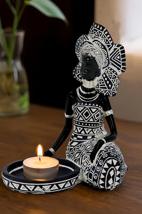 African Woman Candle Holder Statue – Tribal Resin Figurine for Tea Lights or Pillar Candles, Afrocentric Boho Home Decor for Living Room, Meditation Space, Bookshelf