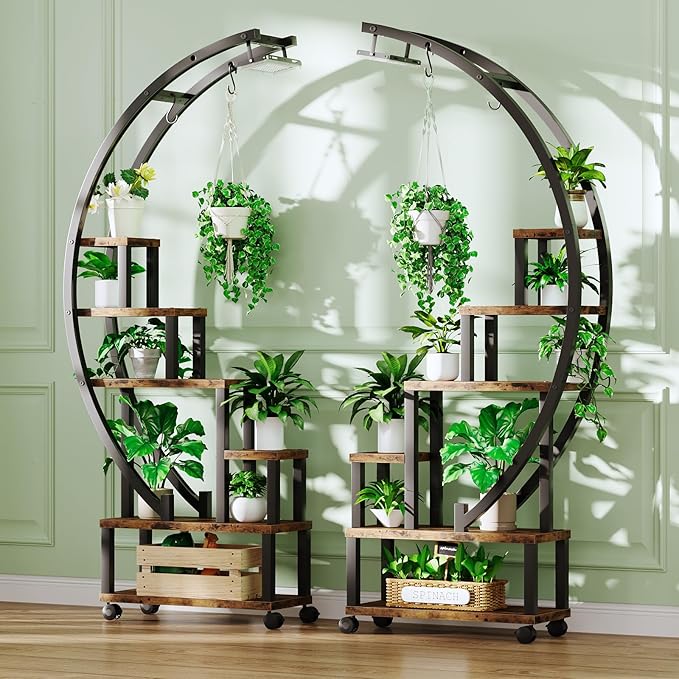 Bestier Plant Stand Indoor with Grow Lights, 6 Tiered Metal Plant Stand with Wheels for Plants Multiple, Half-Moon Shape Plant Rack Display Shelf, Large Plant Holder or Home, Patio, Balcony (2 Pcs, Brown)