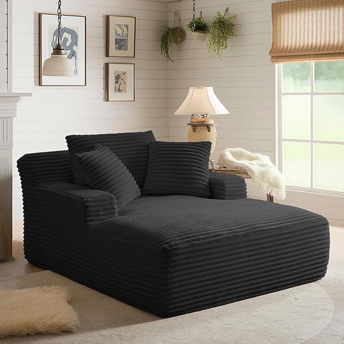 Boneless Couch Sofa Chiar Chaise Lounge Chair Indoor Upholstered Corduroy Couch Cloud Sleeper Sofa Oversized Reading Chair for Living Room No Assembly Required (Black, 50" W x 67" D)