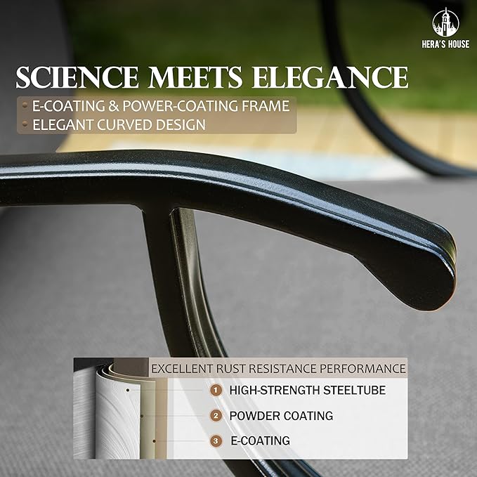 HERA'S HOUSE 4 Piece Patio Furniture Set, 2 x Rocking Metal Frame Cushioned Chair, 3-Seat Sofa with Marbling Coffee Table, All Weather Outdoor Conversation Set for Lawn Garden Backyard, Grey