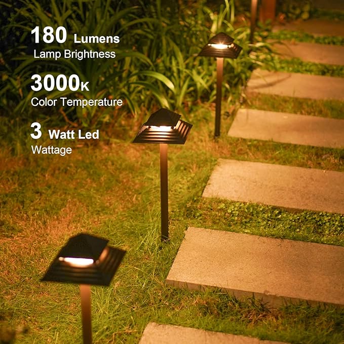 GOODSMANN Landscape Lighting 8PK Low Voltage Outdoor Path Lights 2-Tier Pagoda Landscape Path Lights Pathway Lights Wired 3W LED 180 Lumen 3000K Warm White Driveway Bronze Electric Pathway Light