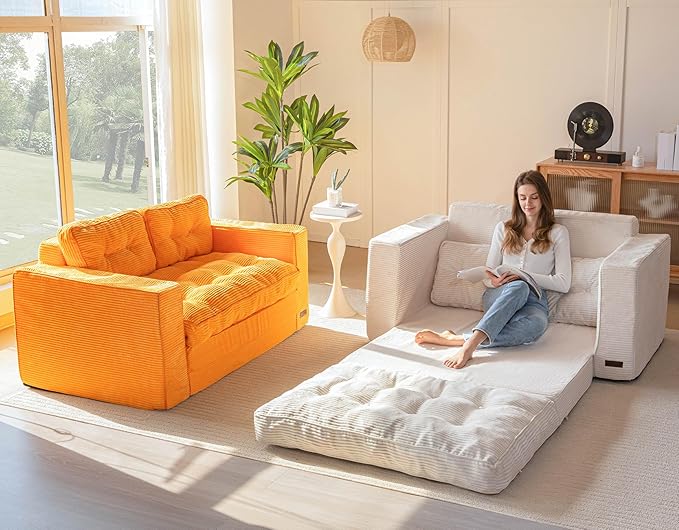 MAXYOYO Convertible Sofa Bed, Pull Out Loveseat Sleeper Sofa, 2 in 1 Folding Couch Bed, Fold Out Floor Couch with Pillows for Living Room Bedroom Lounge, Beige