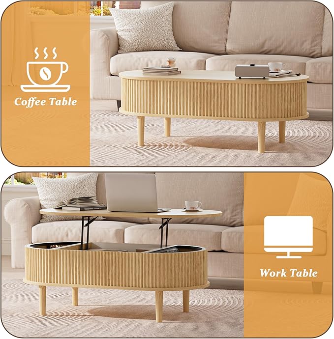 EAG Fluted Lift Top Coffee Table with Hidden Compartment, 39 Inch Modern Oval Coffee Table with 3 Storage, Fully Wooden Assembled Center Table for Living Room, Office, Natural