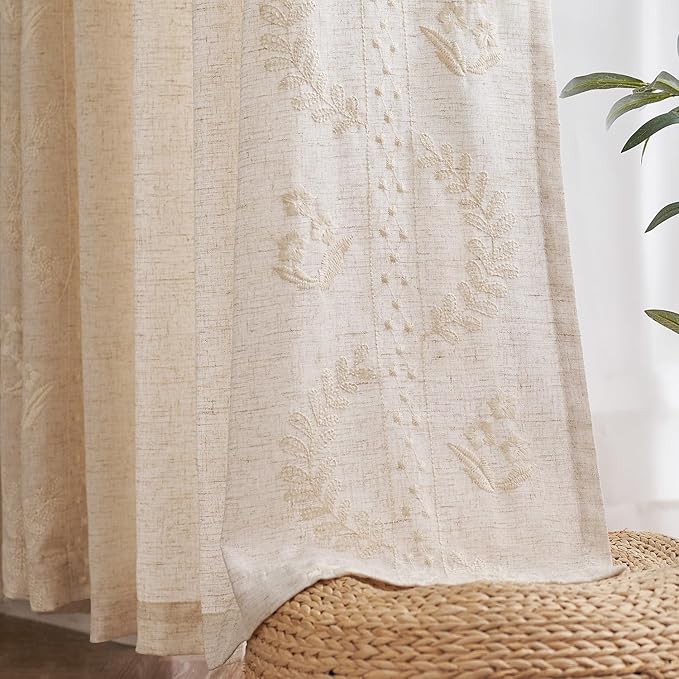 jinchan Belrose Linen Curtains for Bedroom Floral Curtains 96 Inch Length Linen Blend Ivory Embroidered Drapes Farmhouse Flower Patterned Drapes for Living Room Window Treatments Set 2 Panels