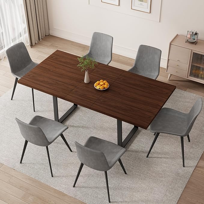 ZckyCine 63"-79" Modern Walnut Dining Table Set for 6 with 6 PU Leather Chairs, Extendable Wood Kitchen Table & Chair Set, Dining Room Furniture for Home, 6-Person Expandable Table
