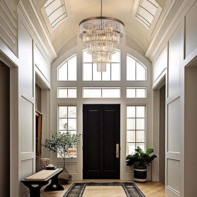 TOCHIC Large Crystal Chandelier for High Ceiling, 40 inch 7-Tier Modern Black Crystal Chandeliers Lighting Fixture, Round Light for Entryway Staircase Foyer Living Room (Bronze, 31.5 Inches)