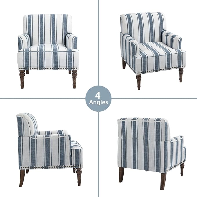 Modern Accent Chair with Arms,2 Set Mid Century Stripe Armchair for Living Room,Comfy Linen Fabric Single Sofa for Apartment Bedroom,Comfortable Cushioned Seat for Reading Home Office-Dark Blue Stripe
