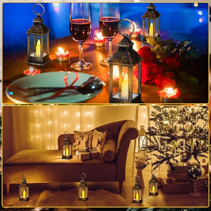 Hoolerry 24 Set Halloween Mini Lanterns with LED Candles 5.5'' Decorative Hanging Small Vintage Lantern Centerpiece Battery Powered for Wedding Table(Rustic)