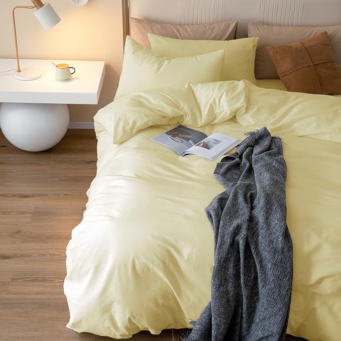 JIYUAN 100% Washed Cotton Duvet Cover Set 3 Pieces Queen, 1 Duvet Cover 90x90 Inches(Comforter Not Included) and 2 Pillowcases,Linen Feel Bedding Set Comfy and Breathable,Light Yellow