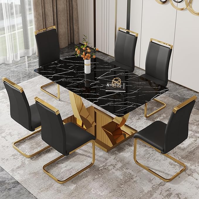 63” Faux Marble Dining Table Set for 6,Black Dining Room Table Set for 6, Rectangle Kitchen Table Set with PU Leather Chairs,Gold Dinner Table Set with Tempered Glass Top and Gold Base