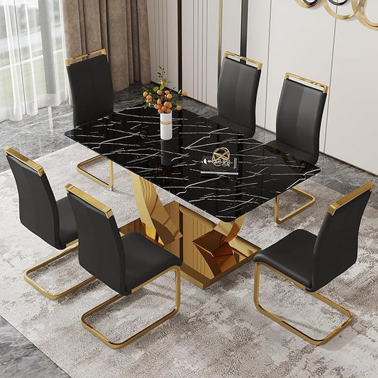 63” Faux Marble Dining Table Set for 6,Black Dining Room Table Set for 6, Rectangle Kitchen Table Set with PU Leather Chairs,Gold Dinner Table Set with Tempered Glass Top and Gold Base