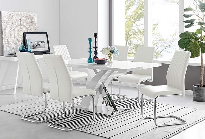 Atlanta Modern Rectangle Chrome Metal High Gloss White Dining Table and 6 White Lorenzo Chairs Set