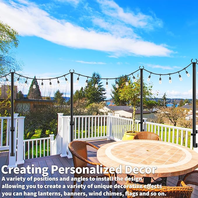 5Ft String Light Poles 10 Pack,Light Poles for Outside Lights,Outdoor with Fence Brackets Hanging Lights,Metal Stand Deck Patio Backyard