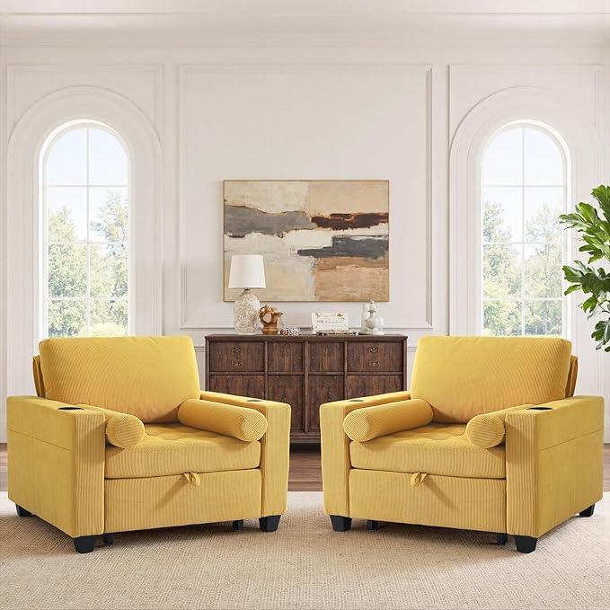 UIXE 3-in-1 Sleeper Sofa Chairs Set of 2, Pull Out Sofa Bed Convertible Reclining Seat Upholstered Armchair, Adjustable Backrest Recliner Chair with Side Pockets, Cup Holder & USB Ports - Yellow