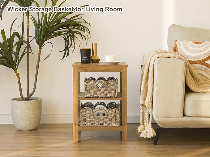 StorageWorks Scalloped Wicker Basket, Hand-woven Rattan Baskets with Built-in Handles, Seagrass Basket for Organizing and Decor, 2 Pack