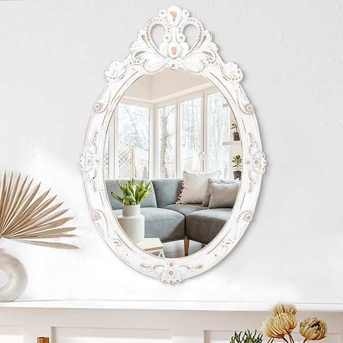 White Oval Wood Mirror for Wall Vintage Framed Hanging Bedroom Wall Mirror Rustic Bathroom Mirrors Wall Mirrors Decorative for Home Vanity Living Room Entryway 24"x16"