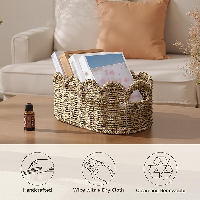 StorageWorks Scalloped Wicker Basket, Hand-woven Rattan Baskets with Built-in Handles, Seagrass Basket for Organizing and Decor, 2 Pack