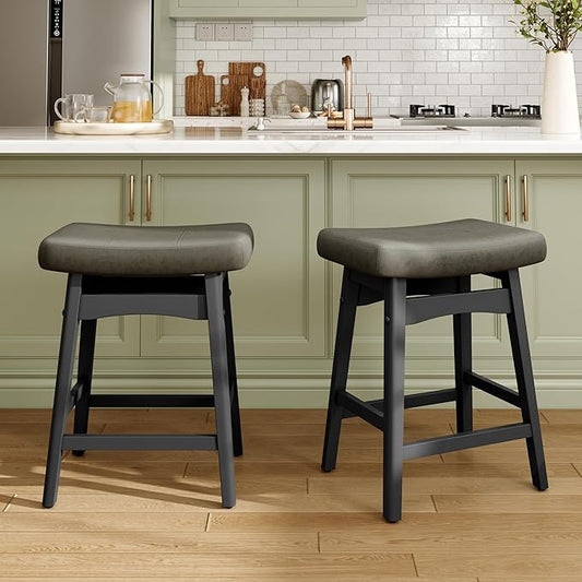 MAISON ARTS Grey Counter Height Bar Stools Set of 2 for Kitchen Counter Solid Wood Legs with Faux Leather Saddle Seat Farmhouse Barstools for 34"-38" Counter Island Upholstered Stools, 24in Height