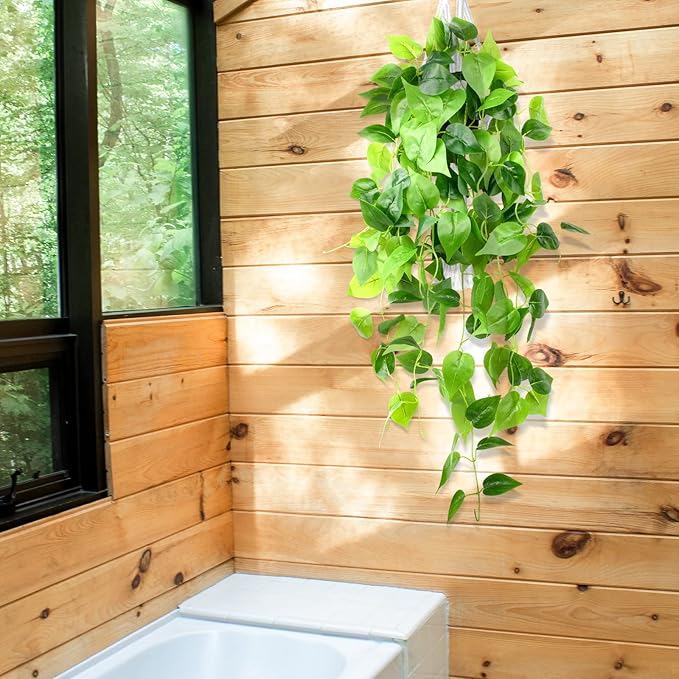 LOYWREE 35.4in Artificial Plants in Black Pot Realistic Fake Hanging Potted Greenery with Faux Ivy Vine & Pothos - Ideal for Shelf, Home, Office, Indoor & Outdoor Garden Decor