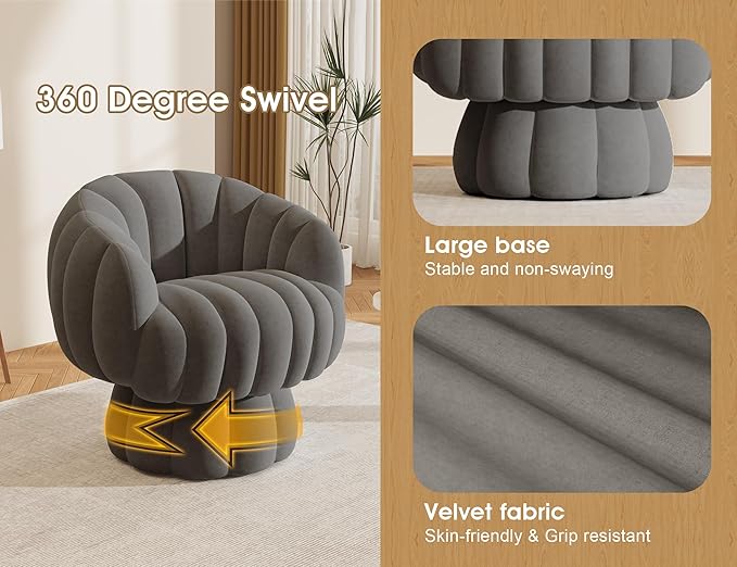 Mid Century Modern 360 Degree Barrel Swivel Accent Sofa Chair,Fluffy Velvet Fabric Lounge Wide Upholstered Pumpkin Reading Chair, Round Cloud Armchair for Living Room,Bedroom,Vanity(Gray)