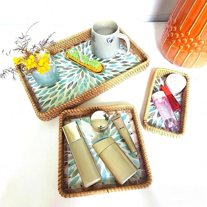 i-lan Set of 3 Rectangular Rattan and Mother of Pearl Serving Tray,Rectangule Natural Rattan Woven Trays,Natural Wicker Decorative Serving Baskets for Entryway Kitchen Bathroom Counter,Blue MOP Tray
