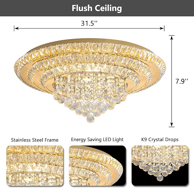 Modern Chandelier Glam Ceiling Light with Bulbs Living Room LED Dimmable Chandelier for Dining Room Bedroom Ceiling Lighting Fixture 32 Inches Gold Light