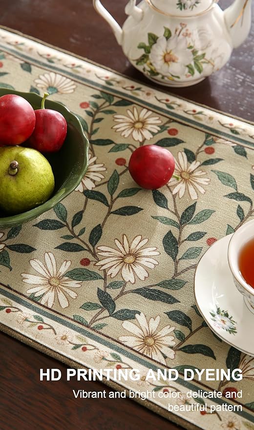 Designer Green Elegant Linen Table Runner 71 Inches Long,Flower and Leaves Pattern Wrinkle Resistant Table Runners for Dining Tables,Thanksgiving,Kitchen Tables,Christmas,12"*71"-Brune