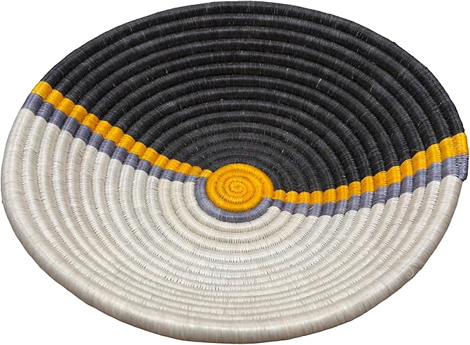 Handwoven African Basket Handmade sisal Fruit Bowl Wall Hanging decorative Baskets for Home Living Room Kitchen Centerpiece Zen Designs Arts and Crafts (Black Yellow Beige, 10in diameter)