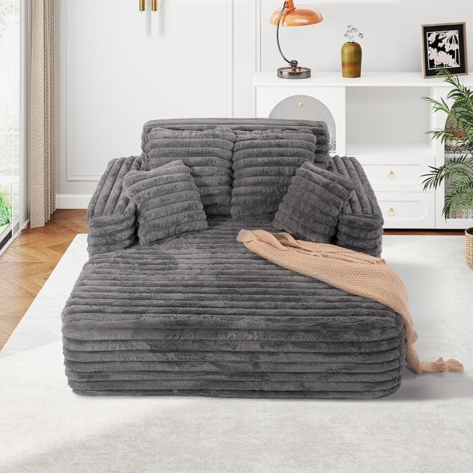 56"W Oversized Chaise Lounge Chair Indoor,Plush Faux Fur Sleeper Sofa Couch Bed with Pillows&Wide Armrest,Fluffy Comfy Cloud Sofa,Compression Foam Boneless Couch for Living Room,Bedroom(Grey)