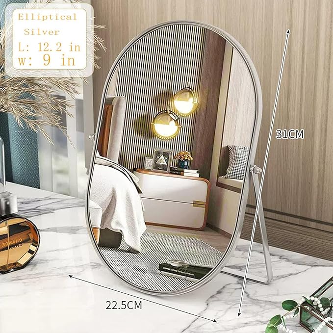 Vanity Makeup Mirror for Desk with Metal Stand Tabletop Mount Makeup Oval Mirrors 90°Adjustable Rotation Portable Cosmetic Mirror for Travel Bedroom,Office, Dresser,Countertop