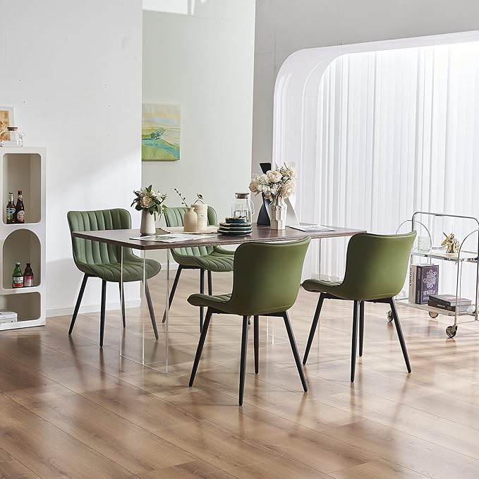 YOUNUOKE Green Dining Chairs Set of 2 Mid-Century Modern Kitchen Dining Room Chairs Armless Faux Leather Upholstered Accent Side Dinner Chair with Padded Back Metal Legs, Olive