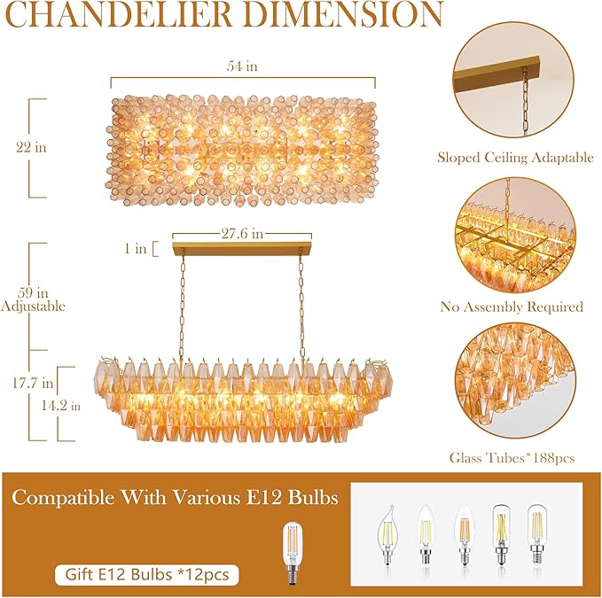 54" Gold Rectangular Chandeliers for Dining Room, 12-Light 4 Tiered Large Smoke Glass Brass Chandelier, Modern Kitchen Island Farmhouse Hanging Light Fixture for Living Room Foyer