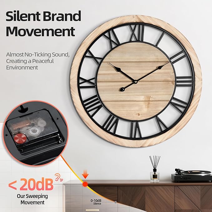 LEIKE 30 Inch Extra Large Wall Clock - Rustic Wooden Nearly Silent Wall Clock with Black Metal Frame, Vintage Farmhouse Decorative for Living Room, Bedroom, Kitchen - Roman Numerals, Modern Design