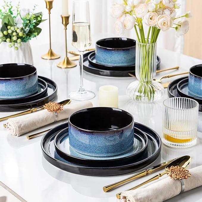 LERATIO Ceramic Dinnerware Sets for 4,Round Reactive Glaze Ceramic Plates and Bowls Set,Highly Chip and Crack Resistant | Dishwasher & Microwave Safe Dishes Set,Service for 4 (12pc)-Blue