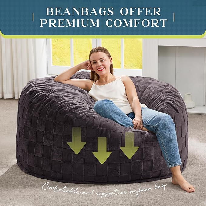 Hobestluk Bean Bag Chairs Beanbag Chair with Filler Adult Bean Bags with Fluffy Cover, Giant Bean Bag Chairs for Adults for Living Room, Bedroom (Dark Grey, 4FT - 44” x 44” x 24”)