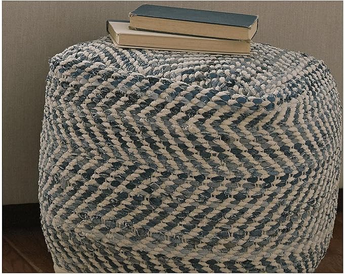 Signature Design by Ashley Chevron Handmade Woven Pouf 18 x 18, Blue and White