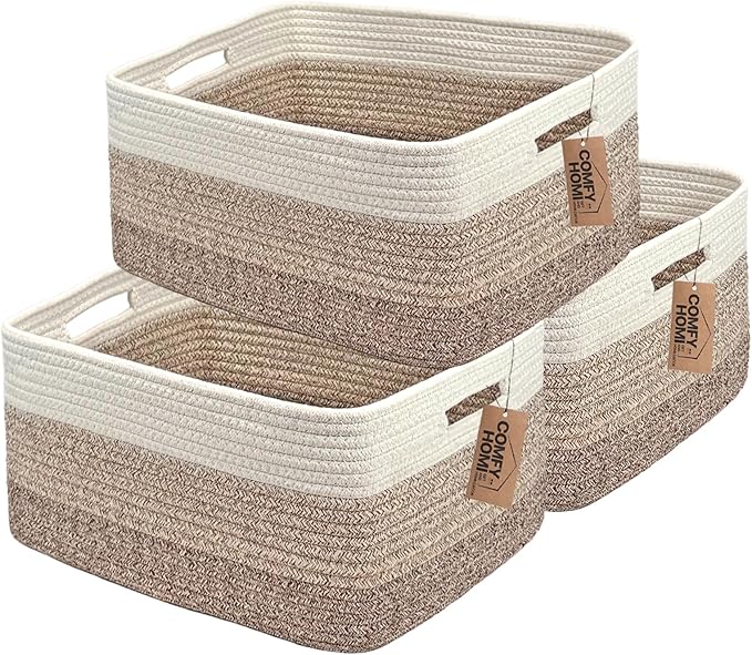 COMFY-HOMI 3 pcs Large Storage Baskets for Shelves, Laundry Basket, Woven Rope Basket, Closet Organizer Bins for Clothes Blanket Towels, Baby Nursery, Gift Toy Baskets, 17” x 13” x 7.5”-White/3 Brown