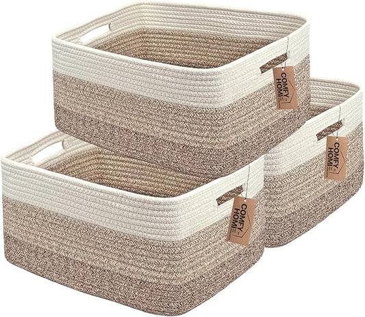 COMFY-HOMI 3 pcs Large Storage Baskets for Shelves, Laundry Basket, Woven Rope Basket, Closet Organizer Bins for Clothes Blanket Towels, Baby Nursery, Gift Toy Baskets, 17” x 13” x 7.5”-White/3 Brown