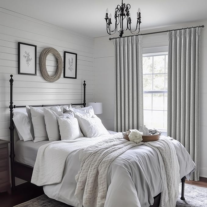 Grey Black Out Curtains 84 Inch Long for Living Room, Pinch Pleated Flax Linen Modern Insulated Drapes with Hooks Back Tab Bedroom Curtain 84 Inch Length 2 Panels Set Soundproof Privacy Windows Burg